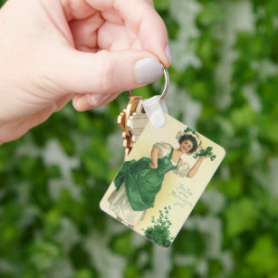 Vintage St. Patrick's Day Irish Lass with Clovers Key Ring