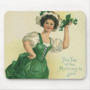 Vintage St. Patrick's Day Irish Lass with Clovers Mouse Mat