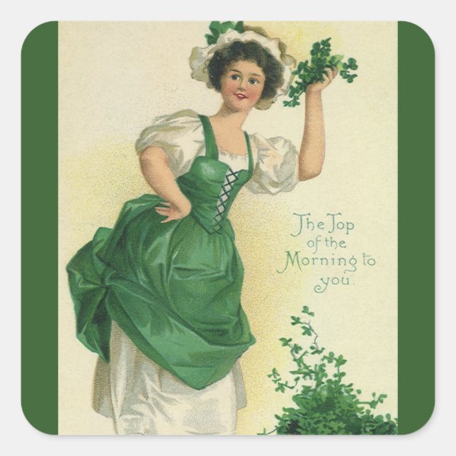 Vintage St. Patrick's Day Irish Lass with Clovers Square Sticker (Front)