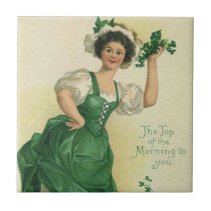 Vintage St. Patrick's Day Irish Lass with Clovers Tile