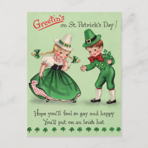 Vintage St. Patrick's Day Kids Wearing Irish Hat Postcard