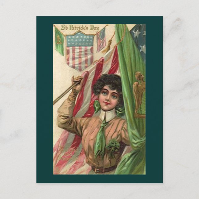Vintage St. Patrick's Day Lady and Flag Postcard (Front)