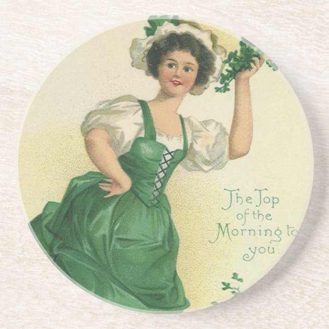 Vintage St. Patrick's Day Lass, Lucky Shamrocks Coaster (Front)
