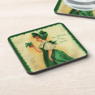 Vintage St. Patrick's Day Lass Wearing Green Coaster