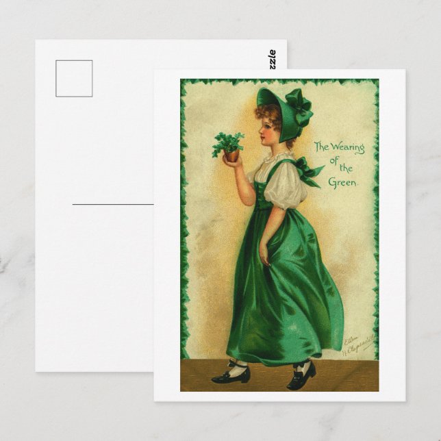 Vintage St. Patrick's Day Lass Wearing Green Postcard (Front/Back)