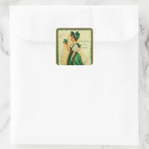 Vintage St. Patrick's Day Lass Wearing Green Square Sticker