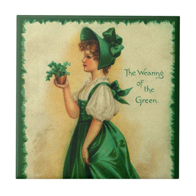 Vintage St. Patrick's Day Lass Wearing Green Tile (Front)