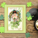Vintage St. Patrick's Day Lassie with Horseshoe Postcard<br><div class="desc">Lovely vintage St. Patrick's Day greeting card illustration featuring lovely dark-haired Irish lassie surrounded by a good luck horseshoe,  shamrocks and St. Patrick's Day Greetings in gold Celtic script.</div>