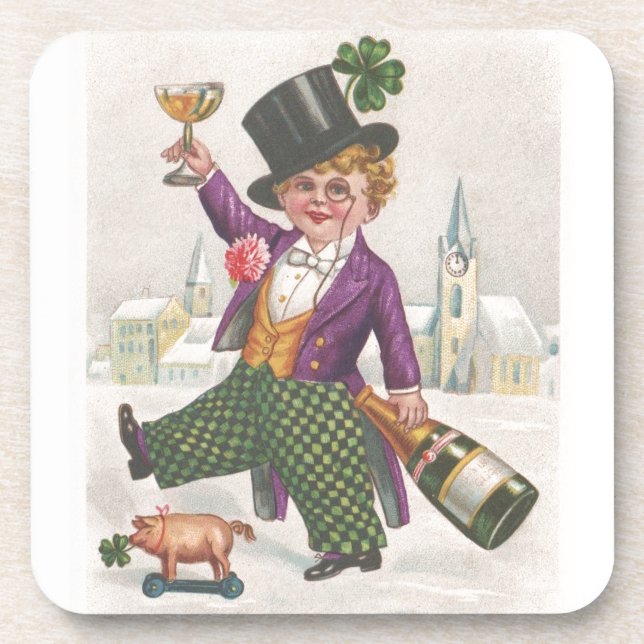 Vintage St Patricks Day Shamrock Champagne Coaster (Front)