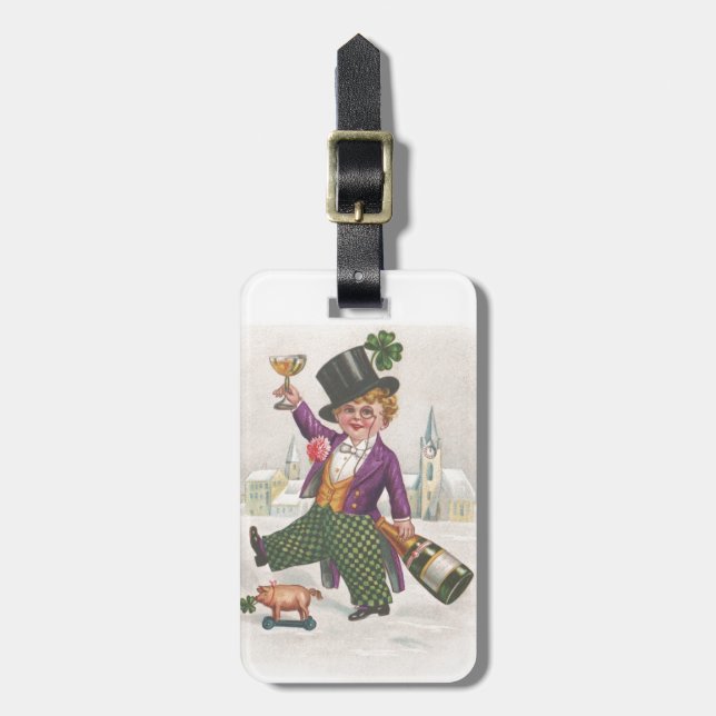 Vintage St Patricks Day Shamrock Champagne Luggage Tag (Front Vertical)
