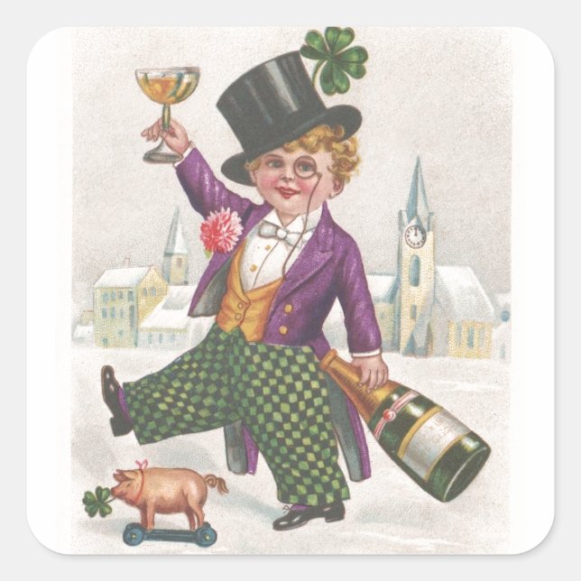 Vintage St Patricks Day Shamrock Champagne Square Sticker (Front)