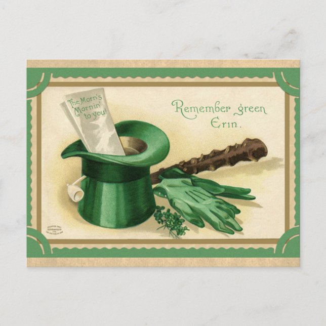 Vintage St Patricks Day Top Hat Green Postcard (Front)