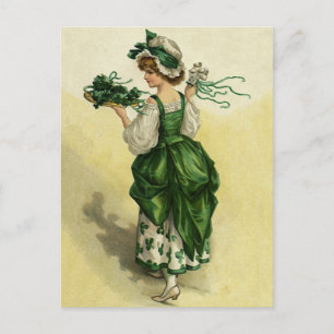 Vintage St. Patrick's Day, Woman Green Shamrocks Postcard