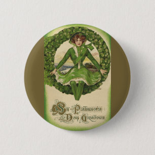 Vintage St. Patrick's Day, Wreath with Irish Lass 6 Cm Round Badge