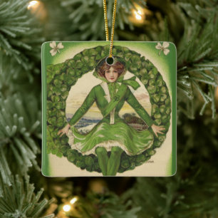 Vintage St. Patrick's Day, Wreath with Irish Lass Ceramic Tree Decoration