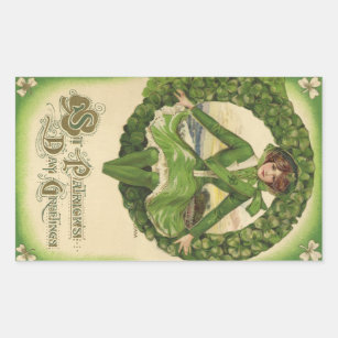 Vintage St. Patrick's Day, Wreath with Irish Lass Rectangular Sticker