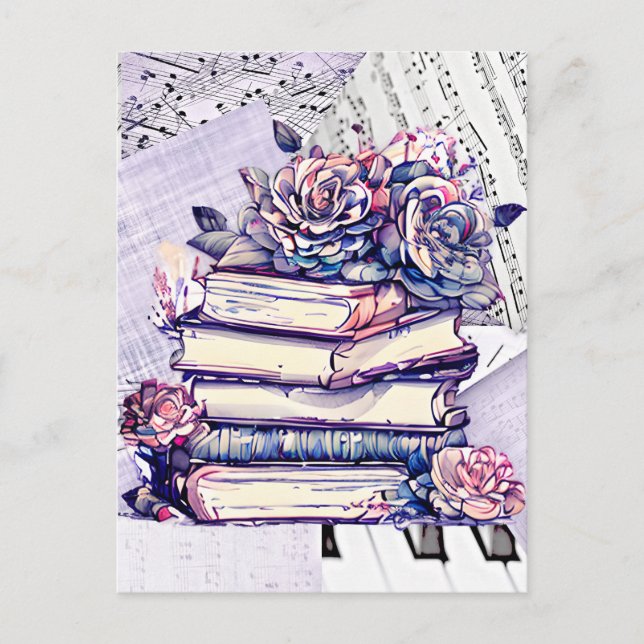 Vintage Stack of Books and Roses Postcard (Front)