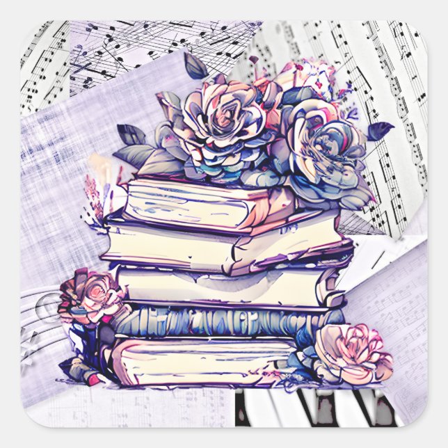 Vintage Stack of Books and Roses Square Sticker (Front)