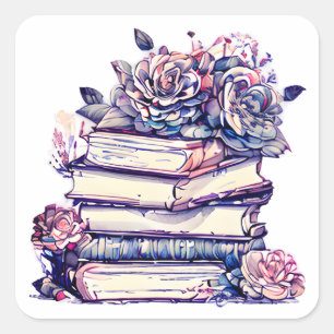 Vintage Stack of Books and Roses Square Sticker