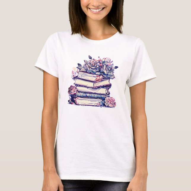 Vintage Stack of Books and Roses T-Shirt (Front)