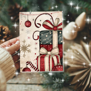 Vintage Stacked Christmas Gifts Retro Ornaments Card