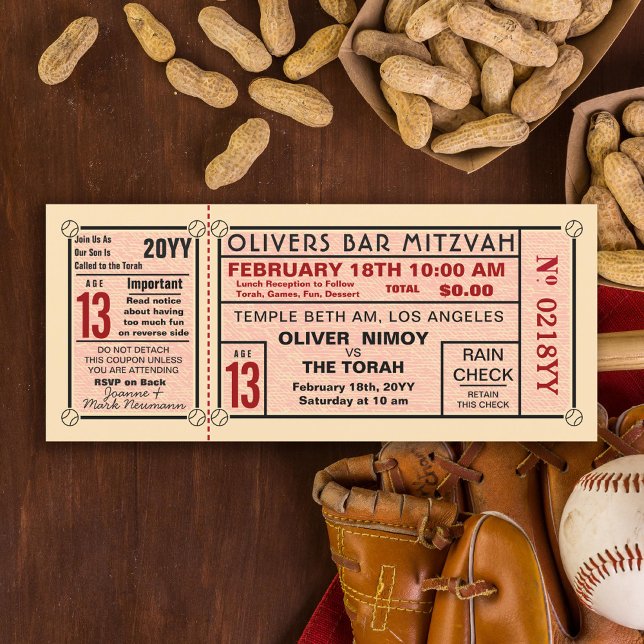 Vintage Stadium Ticket Baseball Bar Mitzvah Red Invitation (Creator Uploaded)