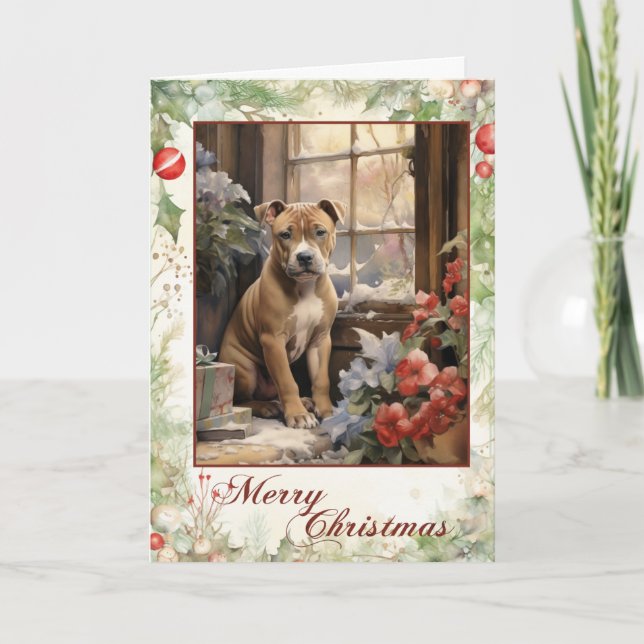 Vintage Staffie Christmas Holiday Card (Front)