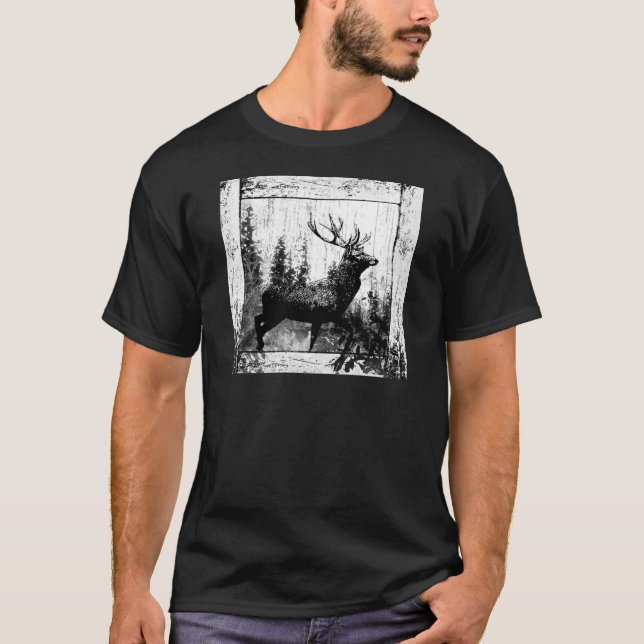 Vintage Stag Deer Black White Animal T-Shirt (Front)