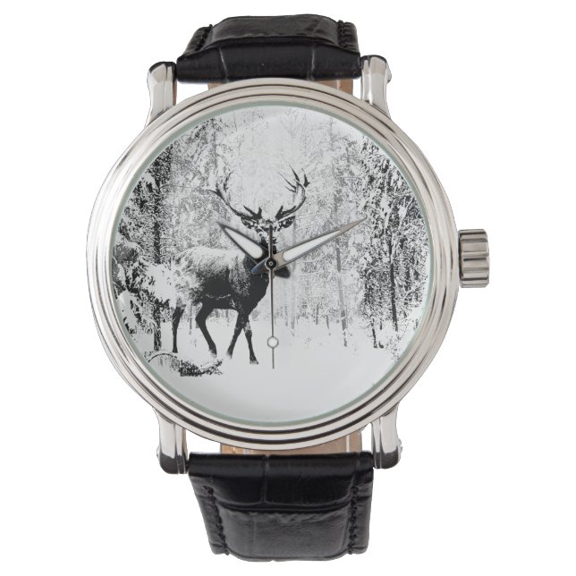Vintage Stag Deer Black White Animal Watch (Front)