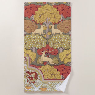 Vintage Stag Deer Forest Sage Green Pattern Beach Towel