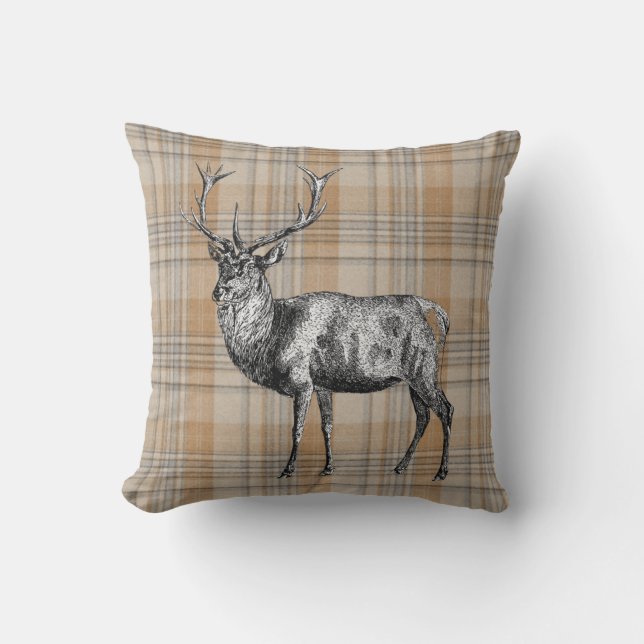 Vintage Stag on autumnal coloured tartan Cushion (Front)