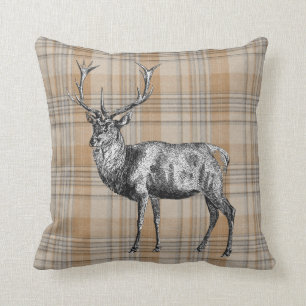 Vintage Stag on autumnal coloured tartan Cushion