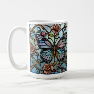 Vintage stain glass blue butterfly art  coffee mug