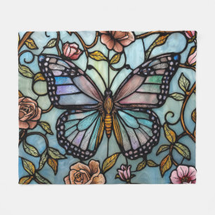 vintage stain glass blue butterfly art fleece blanket