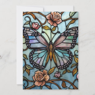 Vintage stain glass blue butterfly art  invitation