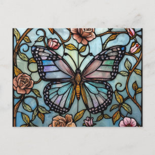 vintage stain glass blue butterfly art  postcard