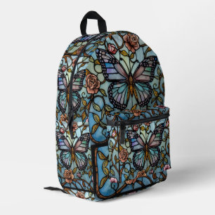 vintage stain glass blue butterfly art  printed backpack