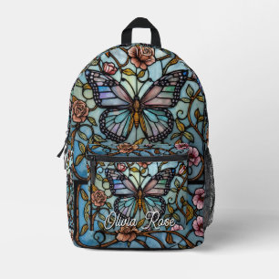 vintage stain glass blue butterfly art  printed backpack