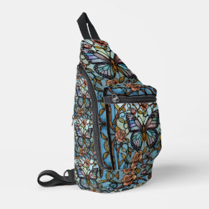 vintage stain glass blue butterfly art  sling bag