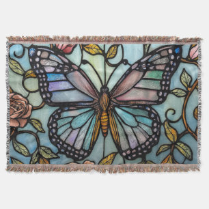 vintage stain glass blue butterfly art throw blanket