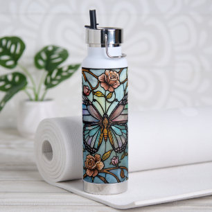 Vintage stain glass blue butterfly art water bottle