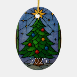 Vintage Stained Glass Christmas Tree Artwork Ceramic Tree Decoration