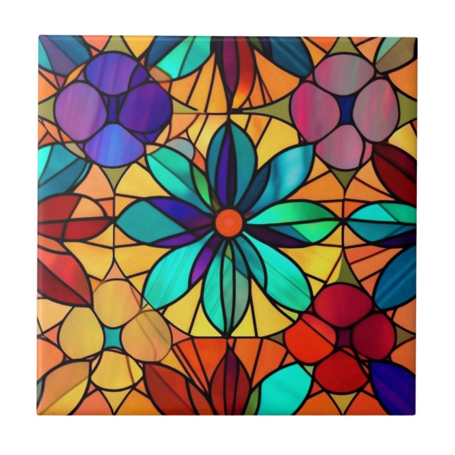 Vintage Stained Glass Floral Blue Flower Tile (Front)