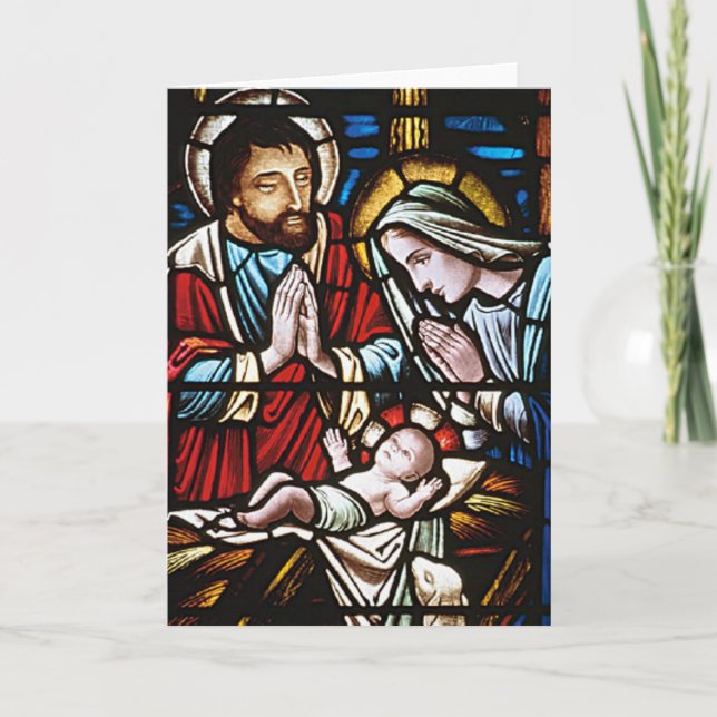 Vintage Stained Glass Nativity Holiday Card (Front)