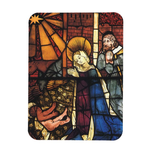 Vintage Stained Glass Nativity Scene; Renaissance Magnet (Vertical)