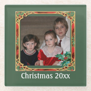 Vintage Stained Glass Photo Frame Red Green Throw Coaster
