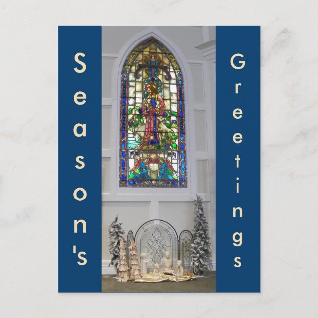 Vintage Stained Glass Window & Christmas Nativity Holiday Postcard (Front)