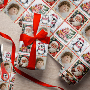 Vintage Stamp Cute Personalised Photo Christmas Wrapping Paper