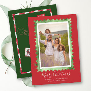 Vintage Stamp Green Red Family Christmas Holiday Card