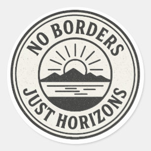 Vintage Stamp – “No Borders, Just Horizons”. Classic Round Sticker